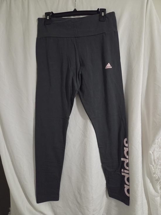 adidas Pants - adidas Women's Dark Grey Leggings with Pink Logo and Side Script